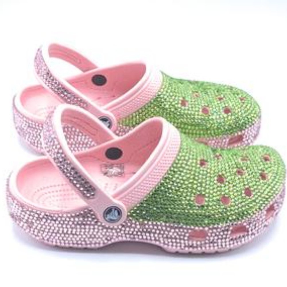 Bling Green Rhinestones Studded Customized Pink Clogs Adults - Picture 5 of 9